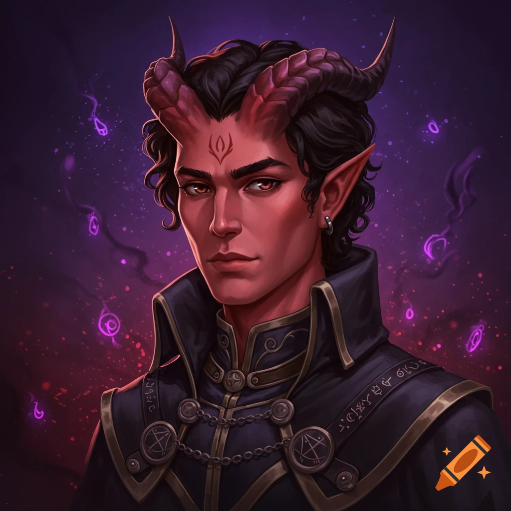 A male fantasy character with red skin and horns wears a black coat against a purple, magical background.