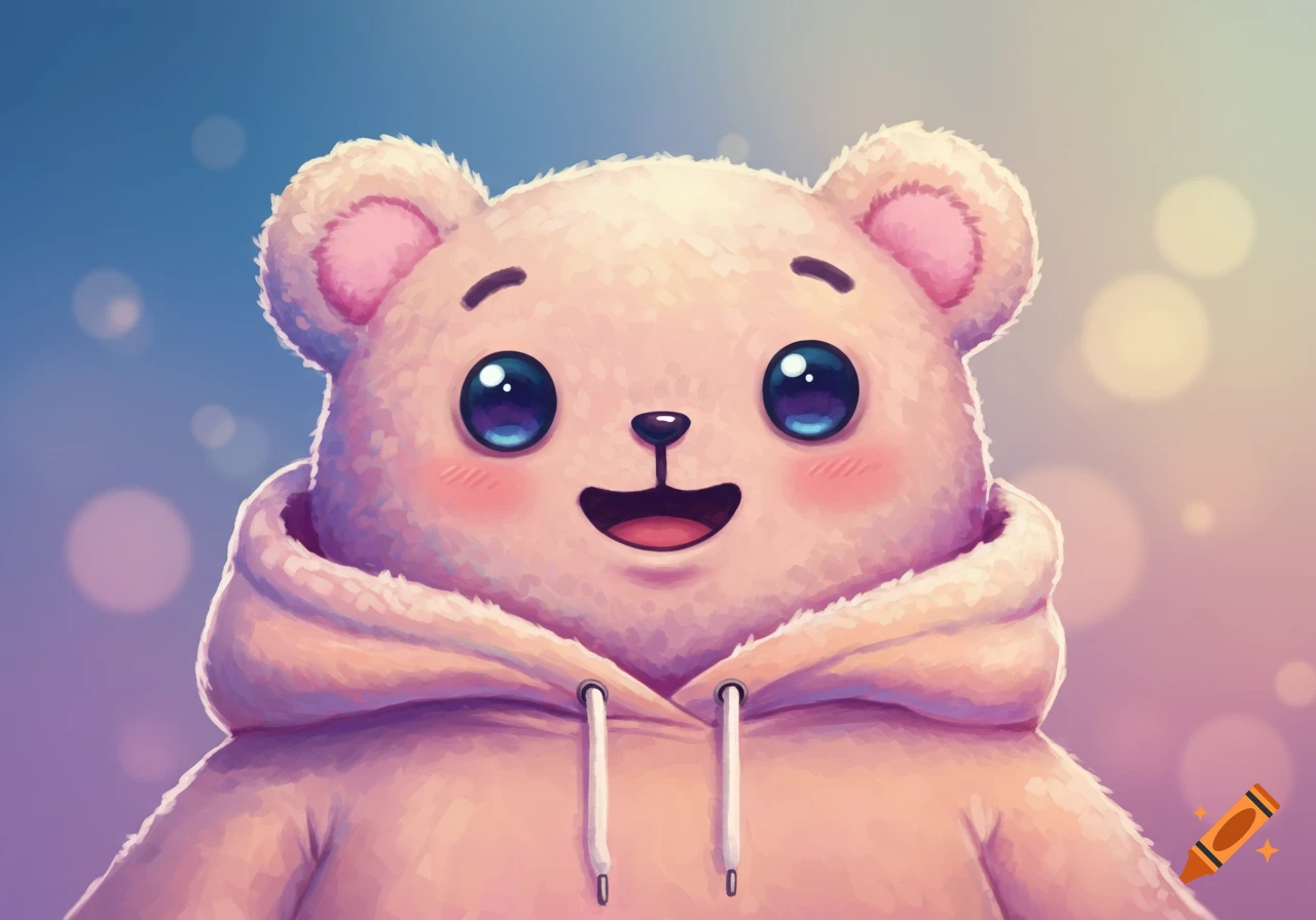 A cute cartoon bear in a pink hoodie.
