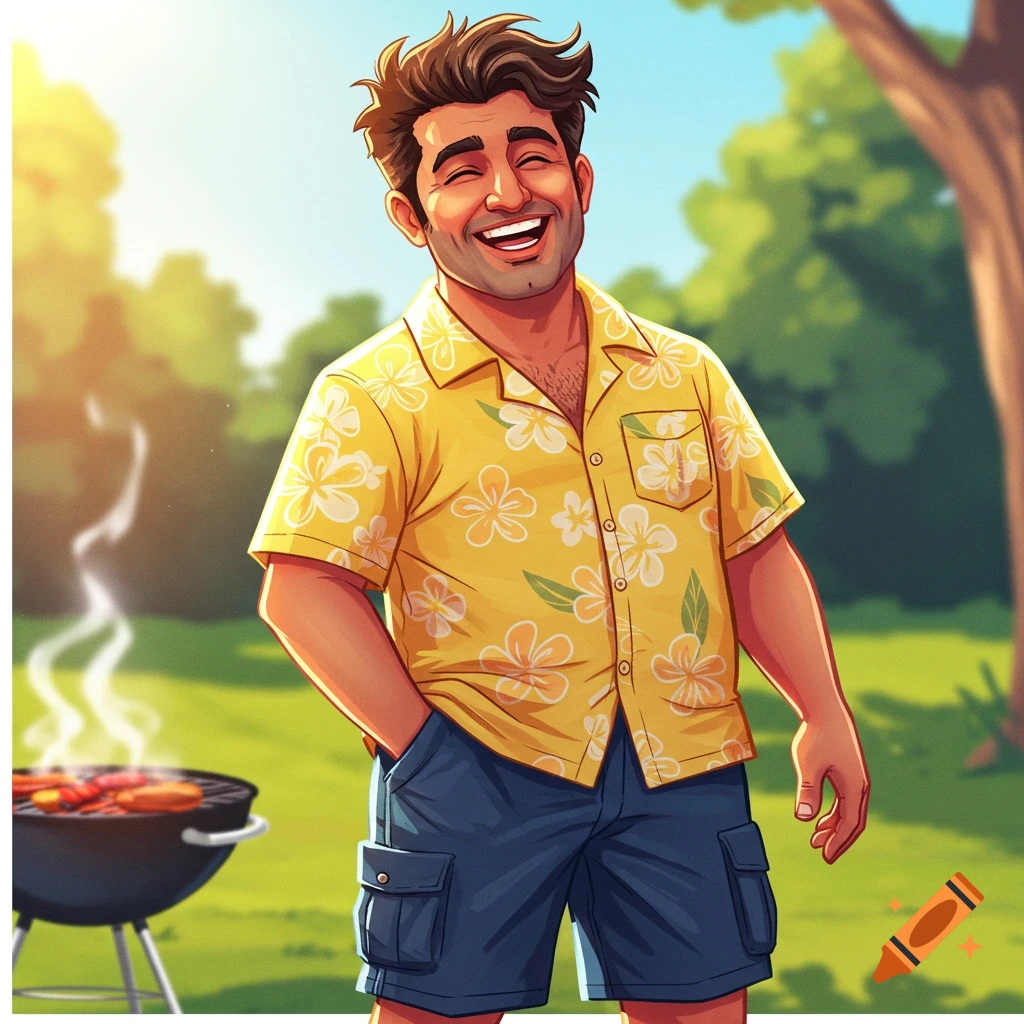 Illustration of a smiling man in a Hawaiian shirt near a grill outdoors