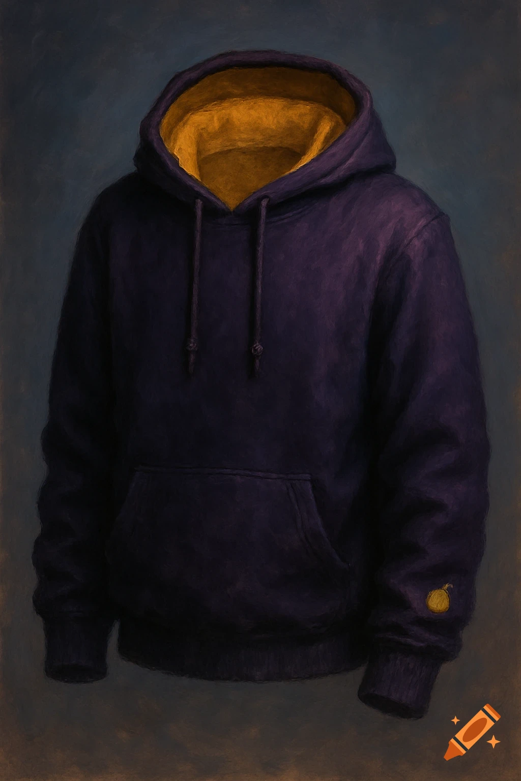 A dark purple hoodie with a yellow lining and a symbol on the cuff.