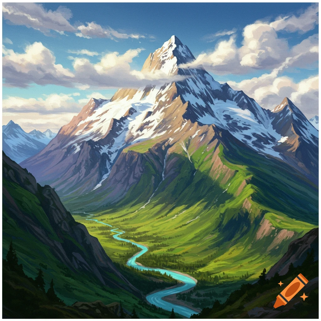 A snow-capped mountain overlooks a green valley with a winding river
