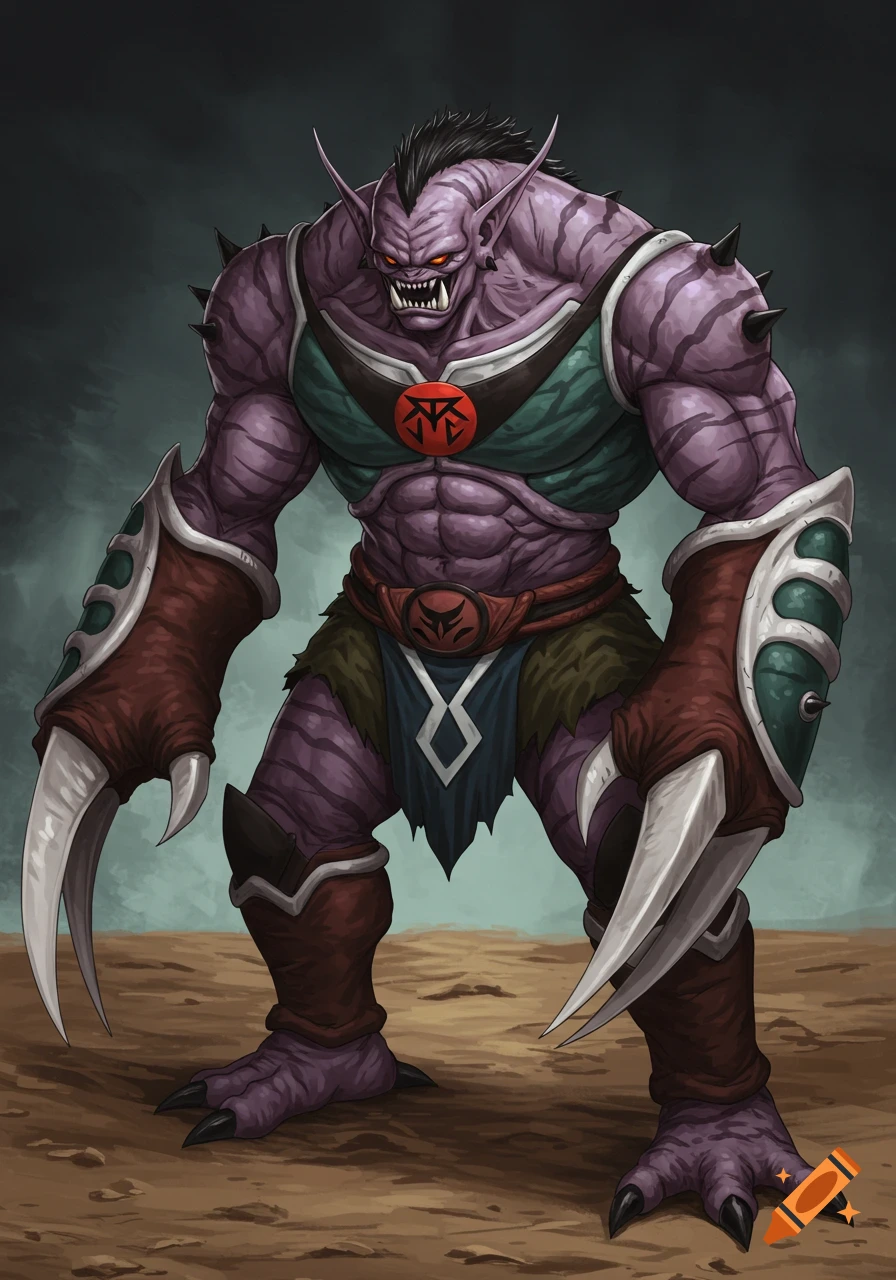 Purple monster with claws and spikes wearing armor standing in a landscape.