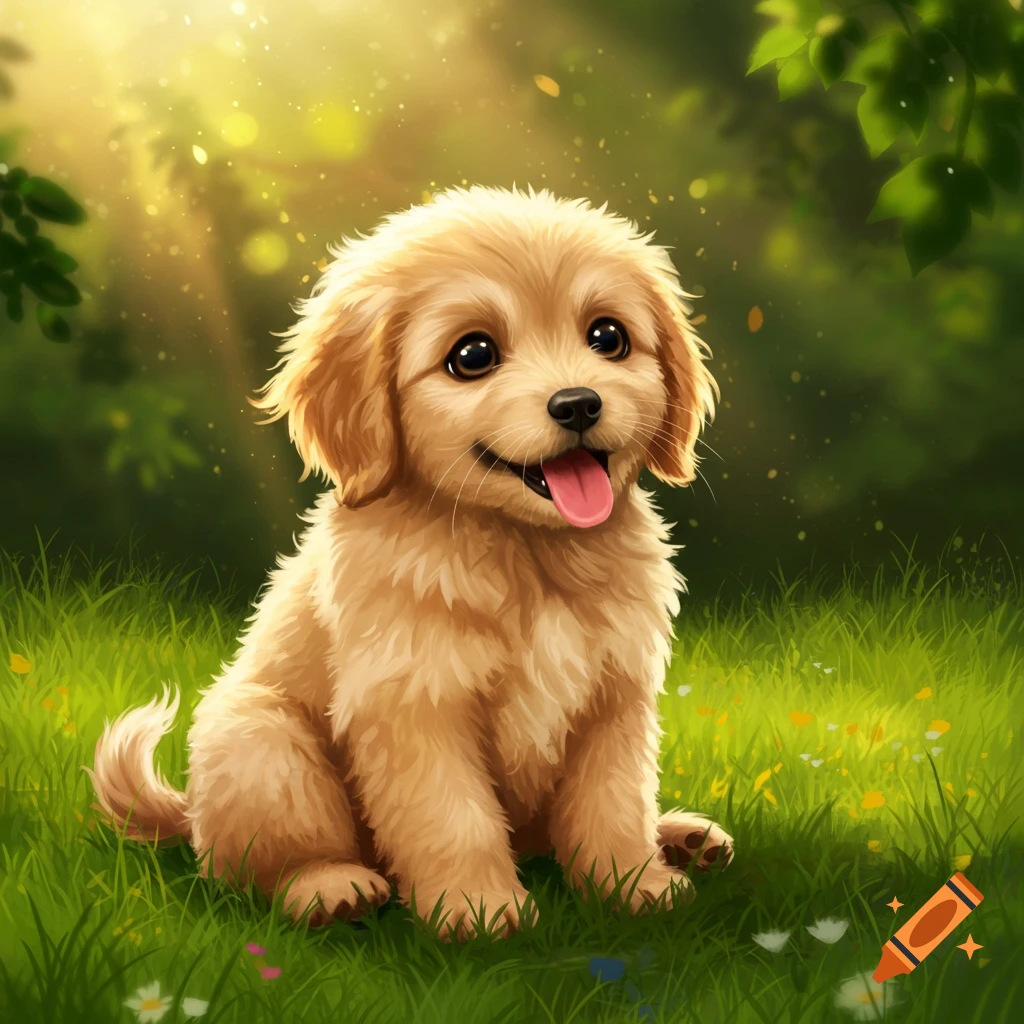 A cute fluffy puppy sits in a grassy field with sunlight filtering through trees.