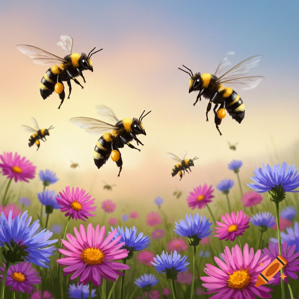 Several bees fly above a field of pink, blue, and purple flowers.