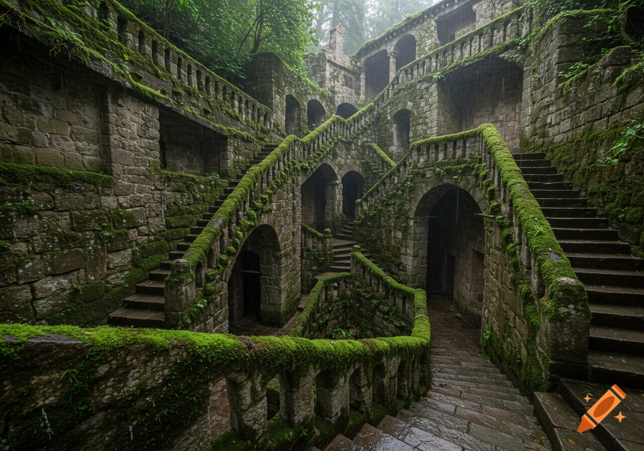 Photorealistic image of complex stone staircases covered in moss during rainfall, resembling an Escher drawing.