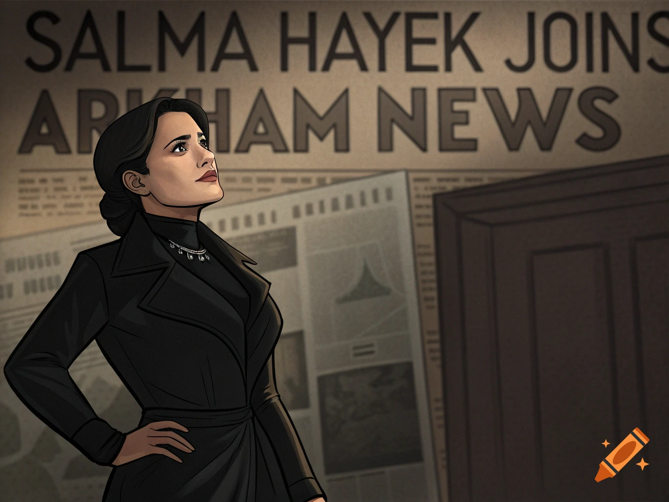 Illustration of Salma Hayek looking up at a newspaper headline that reads 'SALMA HAYEK JOINS ARKHAM NEWS'.