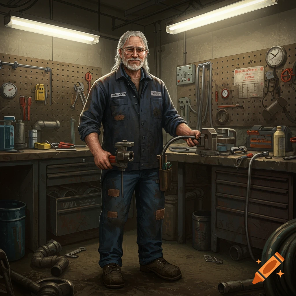An older man, a plumber, stands in a cluttered workshop holding a tool.