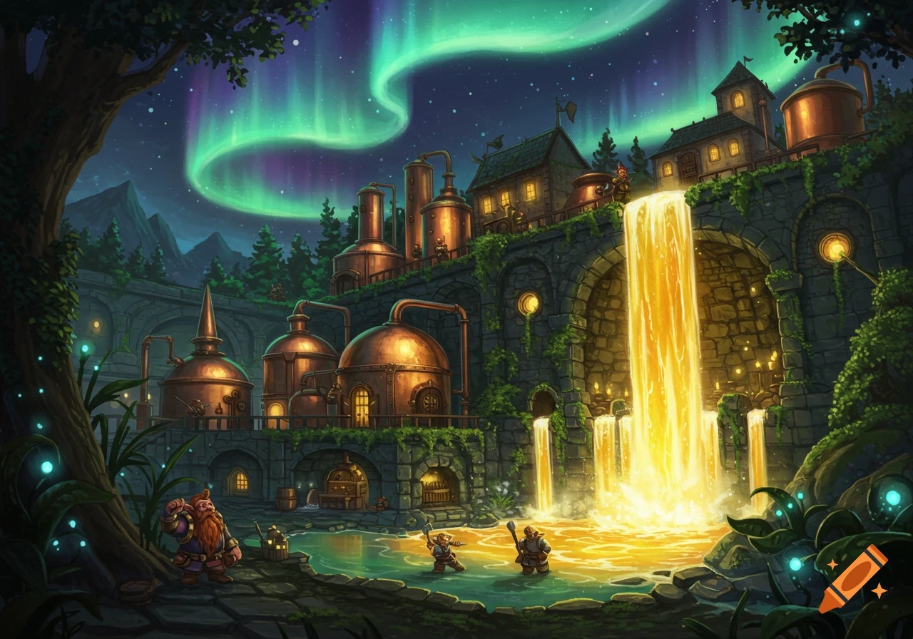 A fantasy brewery with a glowing golden waterfall, dwarves, and aurora borealis under a starry sky.