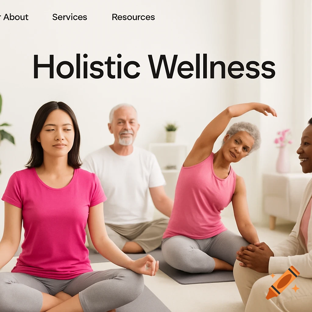 Diverse adults practicing yoga and meditation in a bright room with website text.