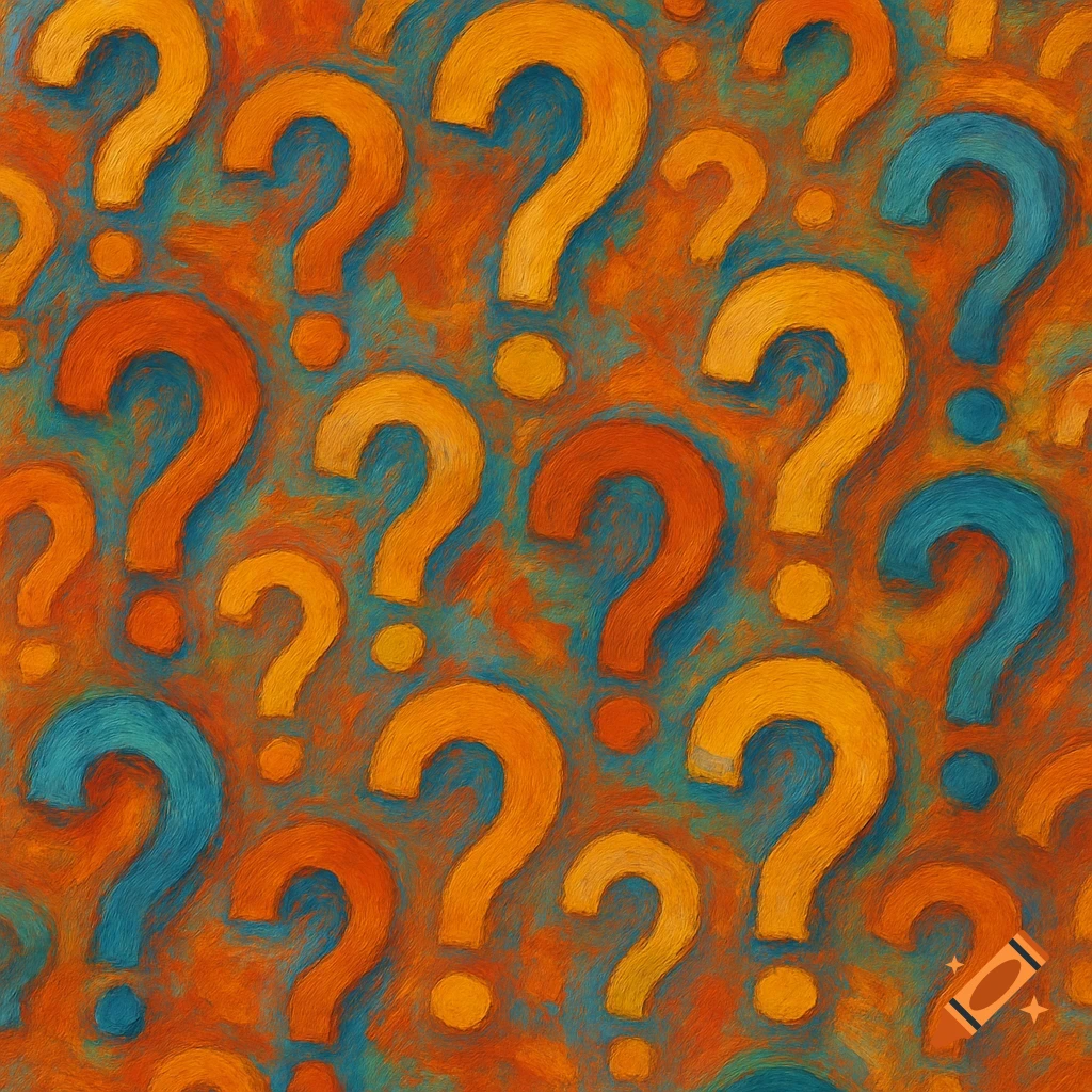 Pattern of orange, yellow, and blue question marks on a textured background.