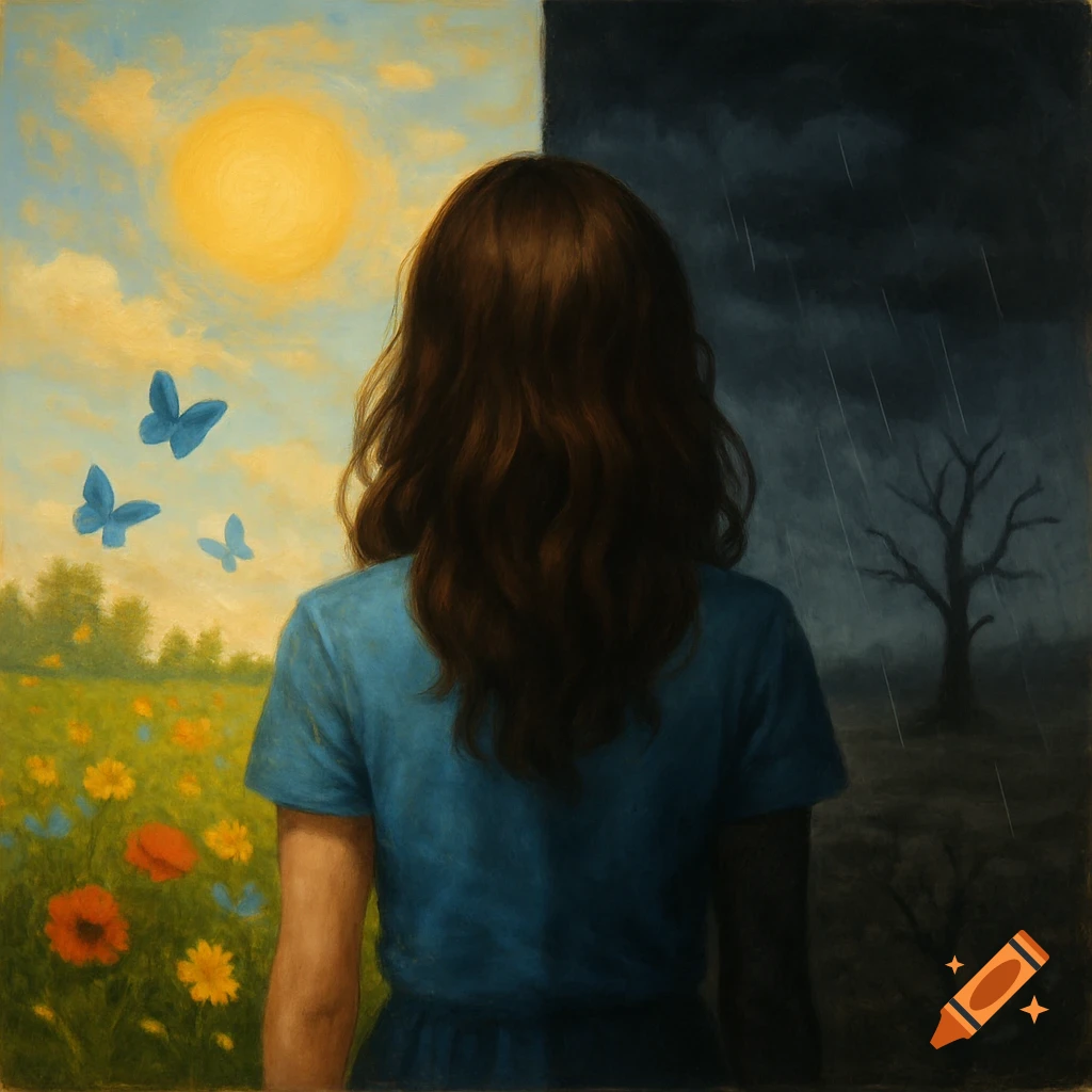 Painting of person split between sunny field with butterflies and stormy landscape with dead tree.