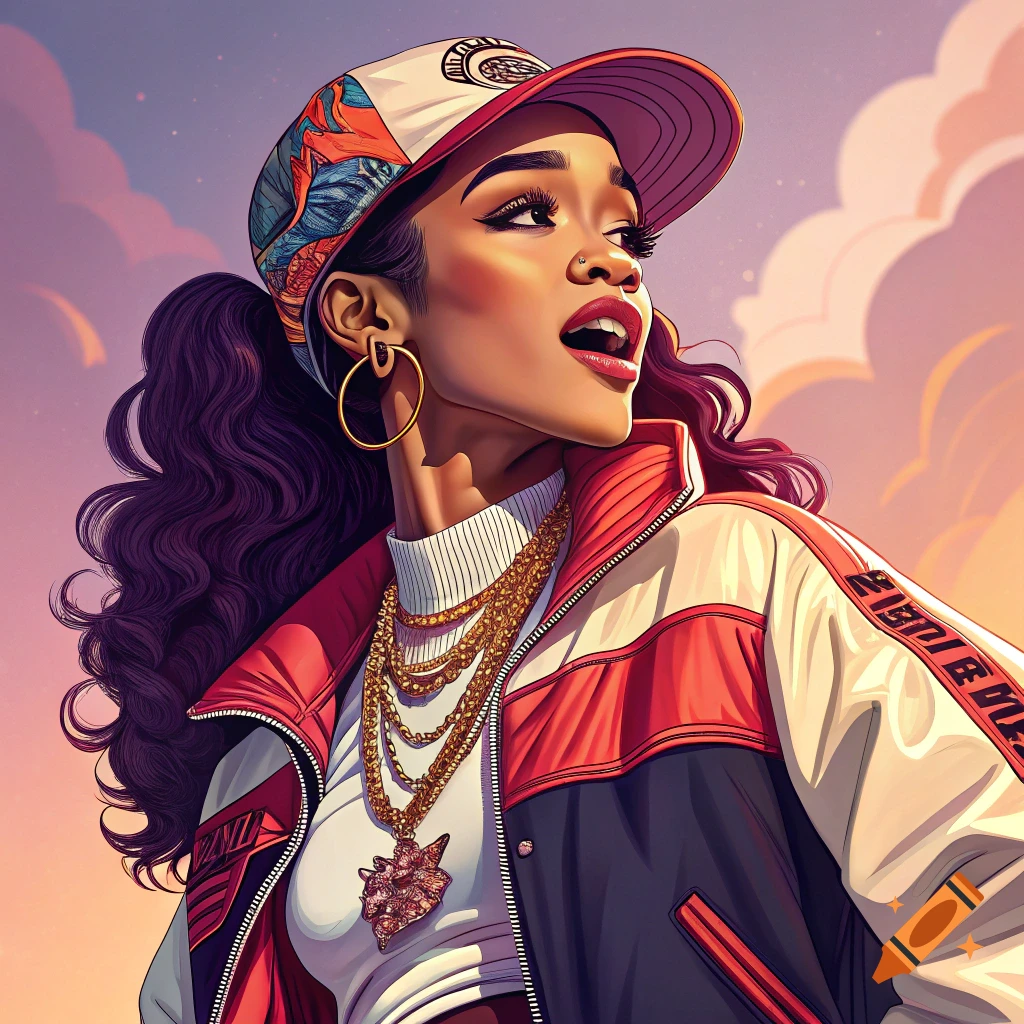Illustration of a woman in a baseball cap, bomber jacket, and gold chains, looking up, with purple hair, against a sunset sky.