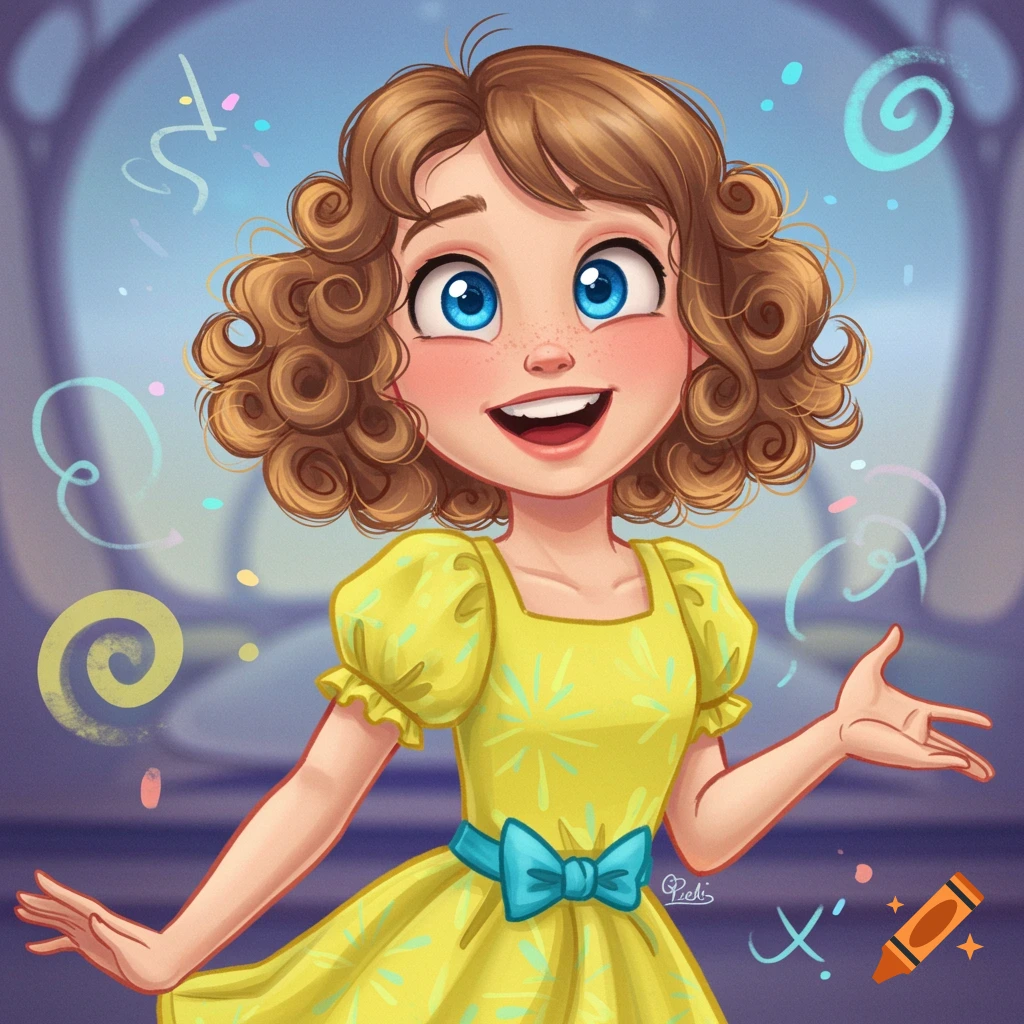 Cheerful cartoon girl in a yellow dress with blue bow, smiling with curly hair.