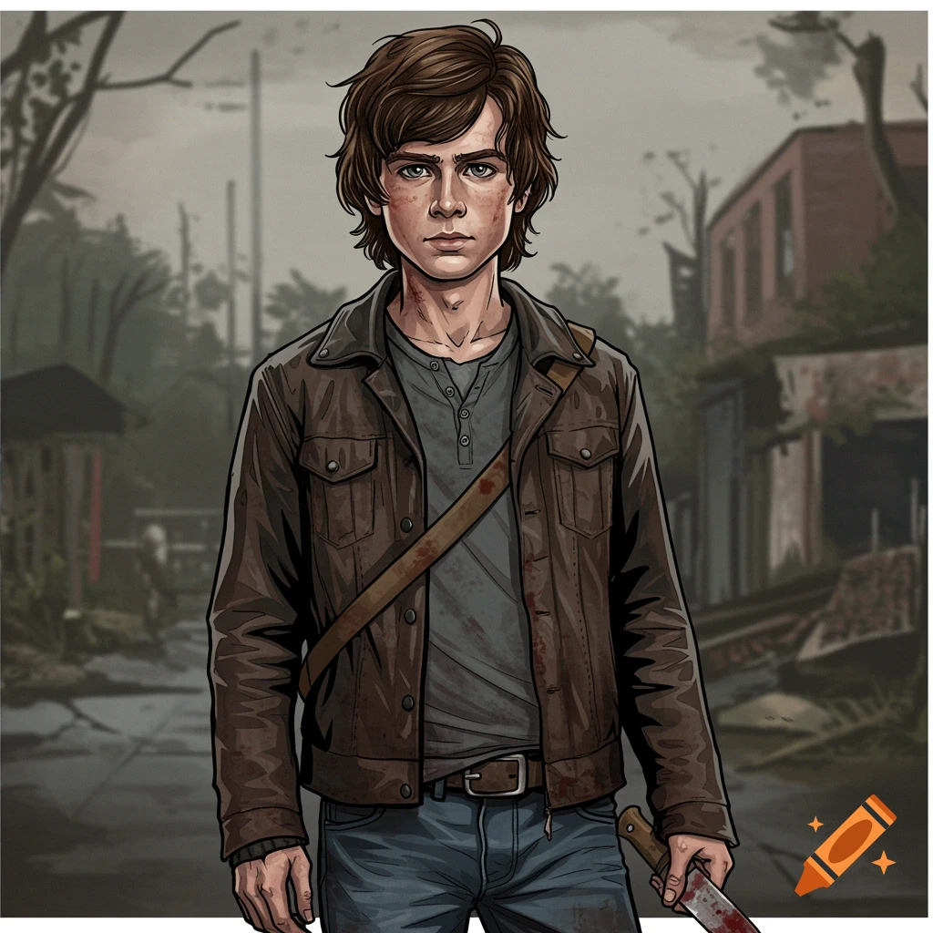 Comic art of a young man in a leather jacket holding a bloody knife in a post-apocalyptic street.