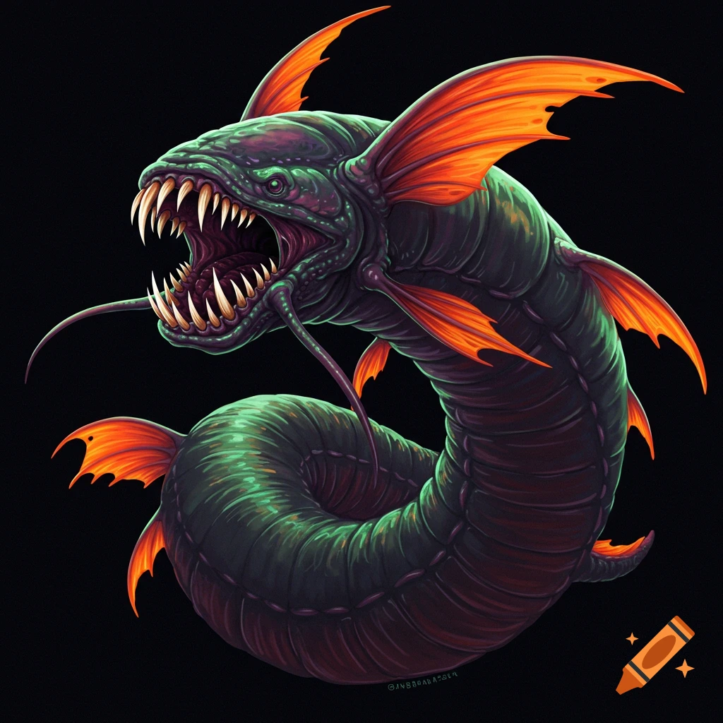A monstrous creature with sharp teeth and orange fins.