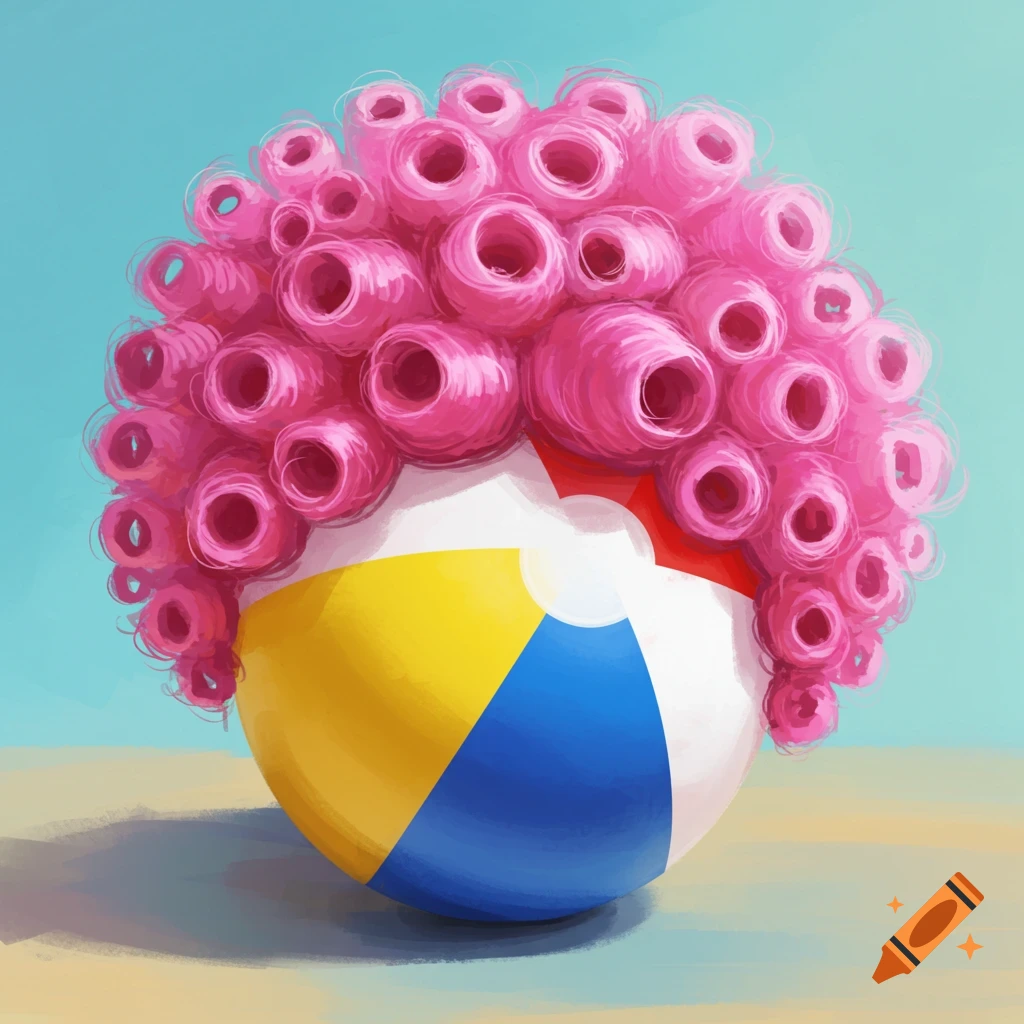 A beach ball wearing a pink wig on a sandy beach