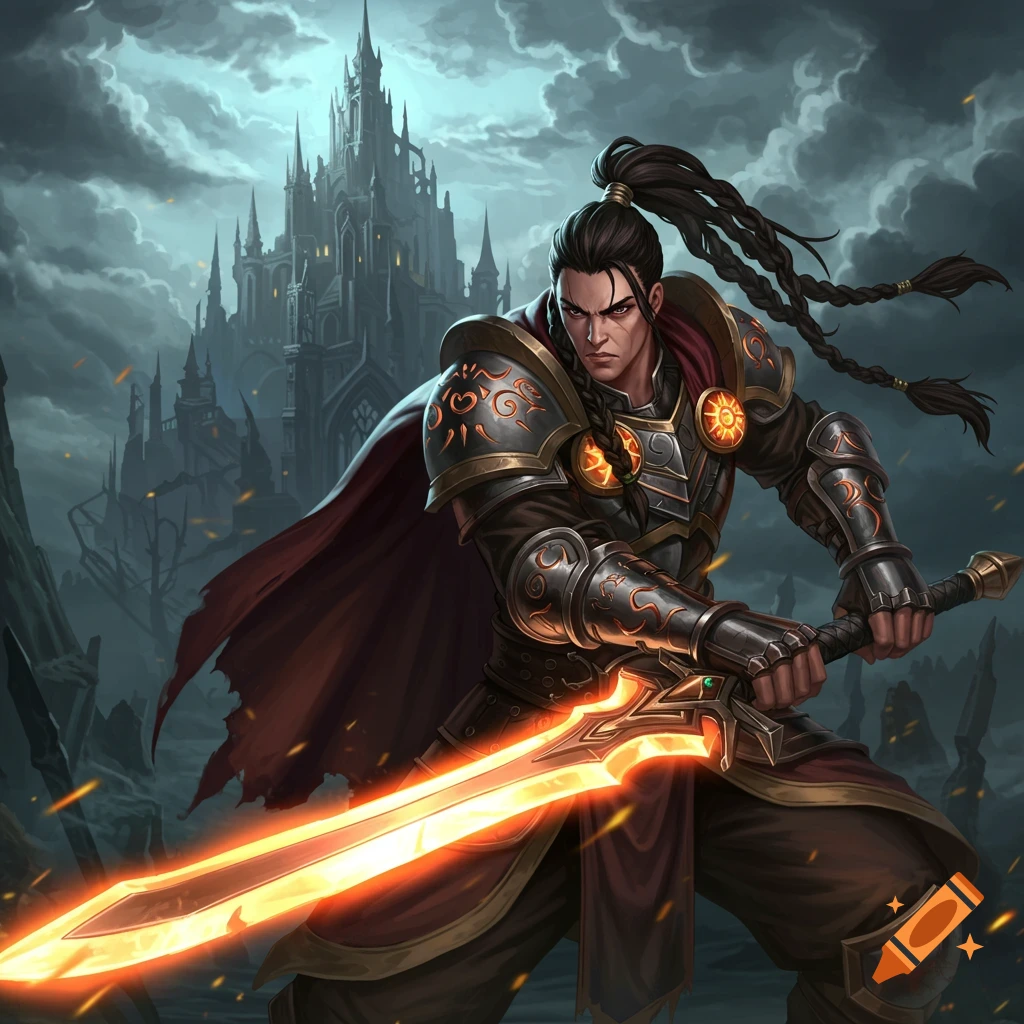 Fantasy warrior in ornate armor with a glowing sword stands before a dark castle under a cloudy sky.