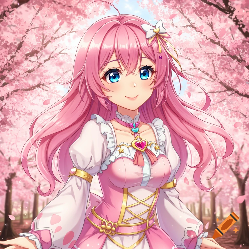Anime girl with pink hair and blue eyes in a pink dress among cherry blossoms.
