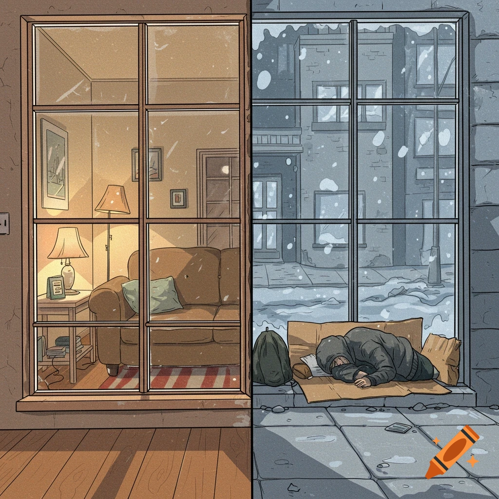 Drawing showing a warm living room contrasted with a person sleeping in the snow on the street.