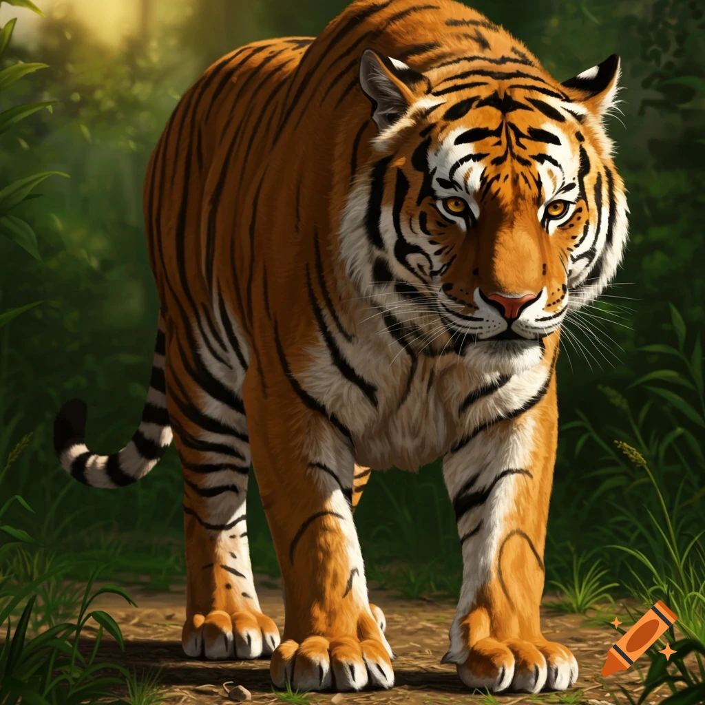 A tiger is walking through a jungle.