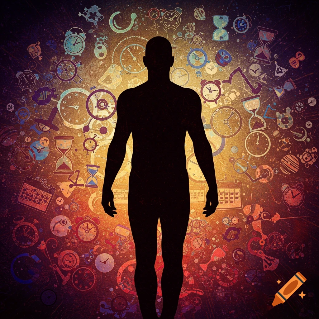 A dark silhouette of a person stands against a warm-toned background filled with symbols of time like clocks, hourglasses, and calendars.