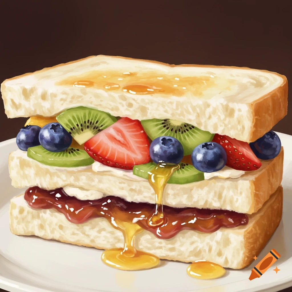 A fruit sandwich with berries, kiwi, strawberry, and honey dripping.