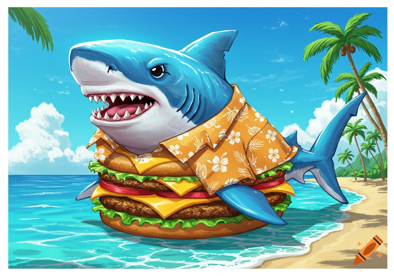 A cartoon shark wearing a Hawaiian shirt sits on a large burger on a beach.