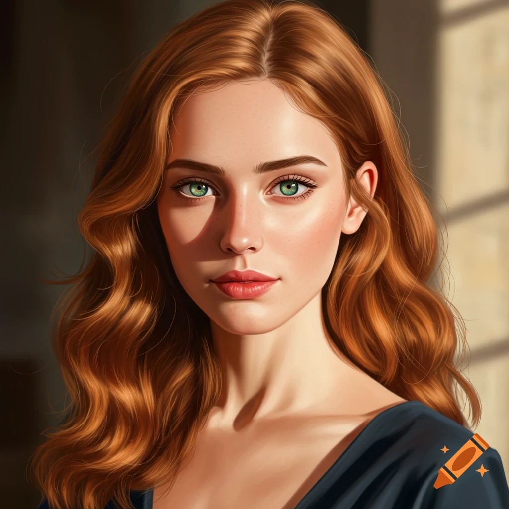 Portrait of a young woman with long red hair and green eyes looking forward.