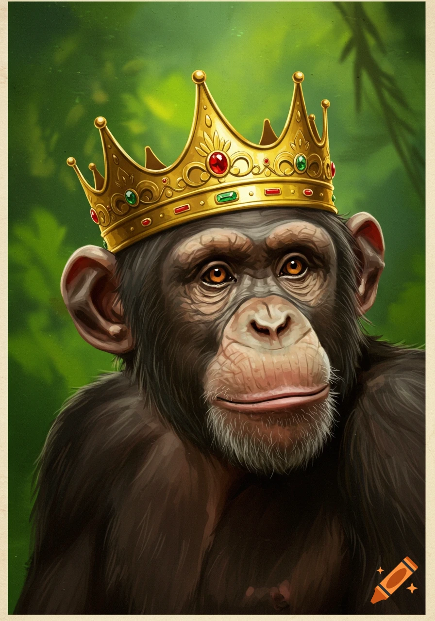 A chimpanzee wearing a gold crown is in a jungle setting.