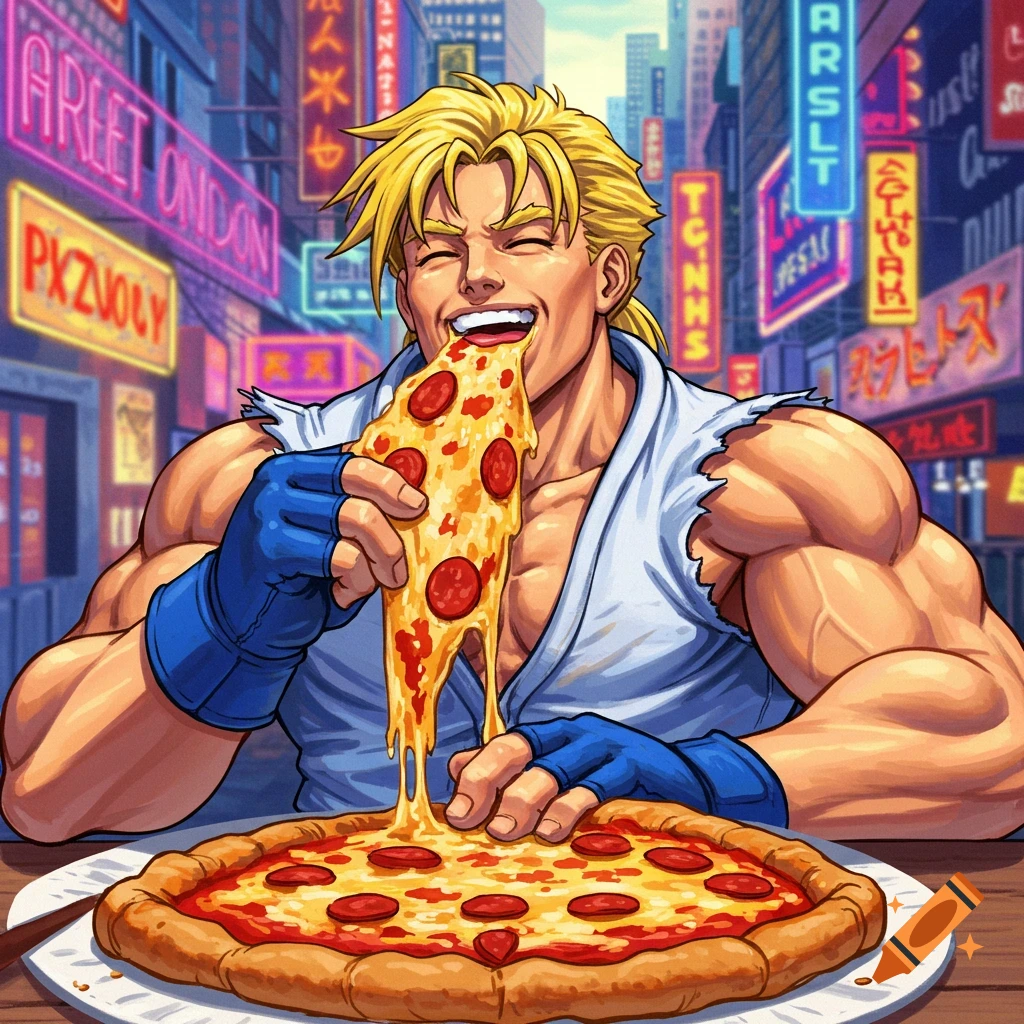 Muscular blond man in gi eats pepperoni pizza with cheesy pull in front of neon-lit city, comic art style.