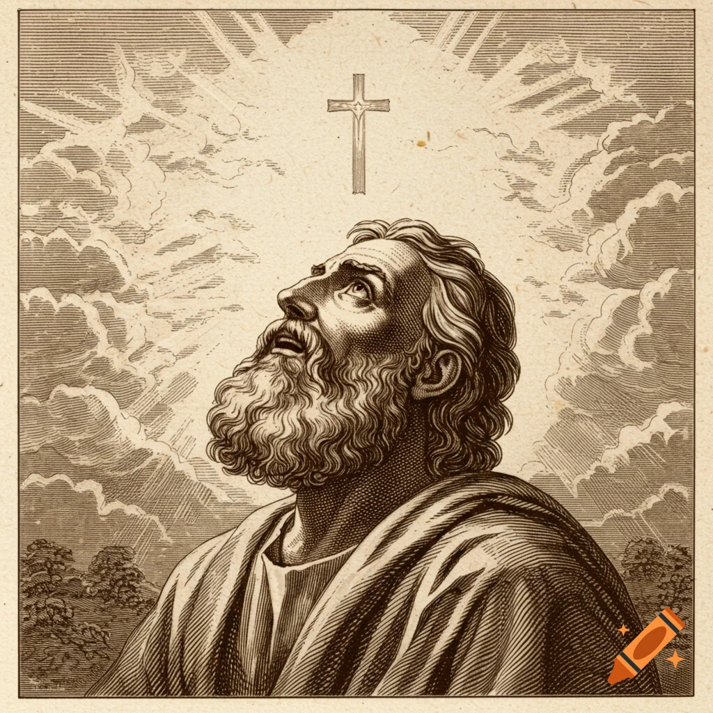 Sepia engraving of a bearded man looking up at a cross in the sky with clouds.