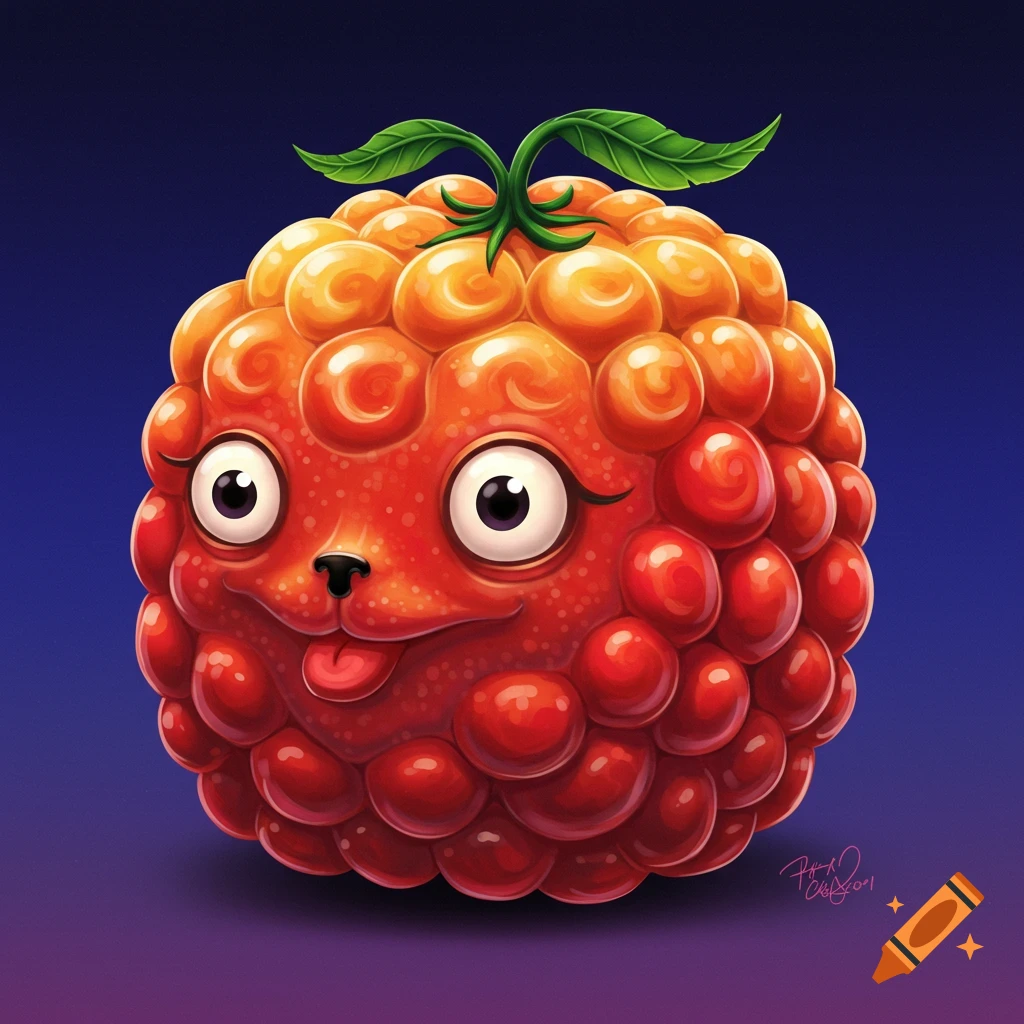 Cartoon raspberry character with big eyes and a tongue sticking out.