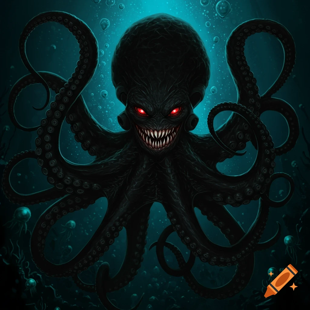 A dark, menacing octopus with red eyes and sharp teeth in a deep blue underwater scene.