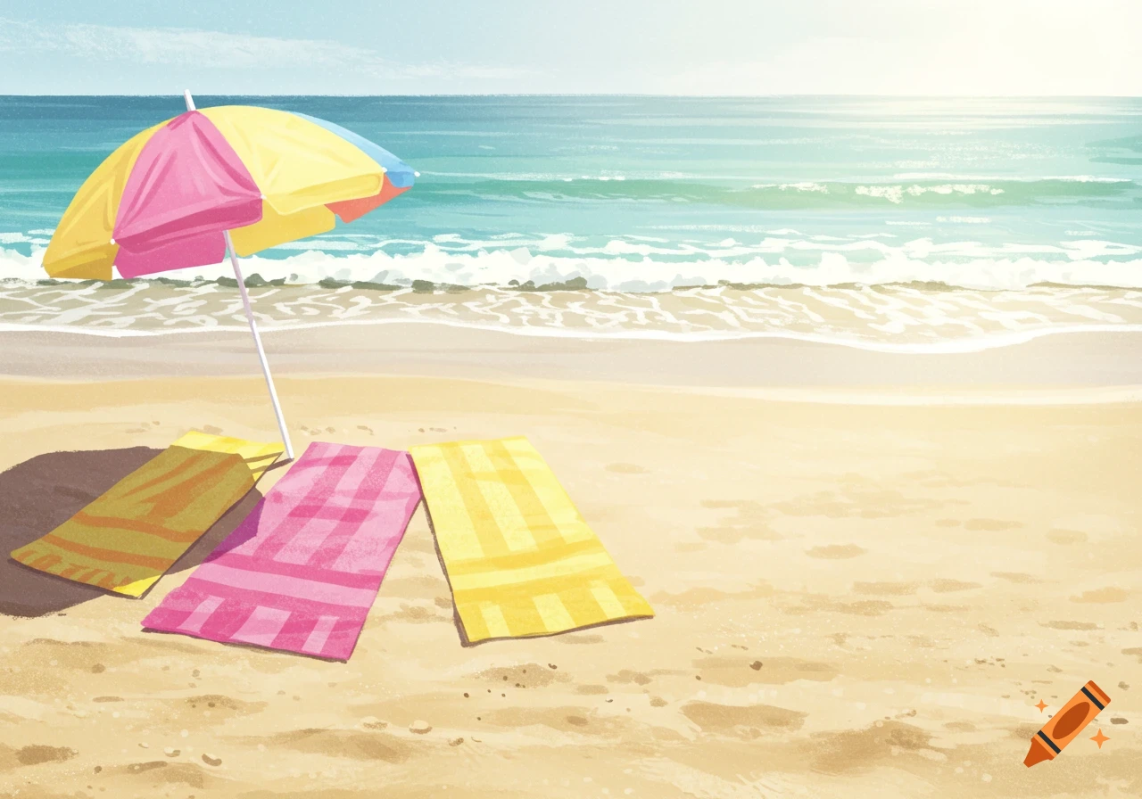 A beach scene with an umbrella and colorful towels by the ocean.
