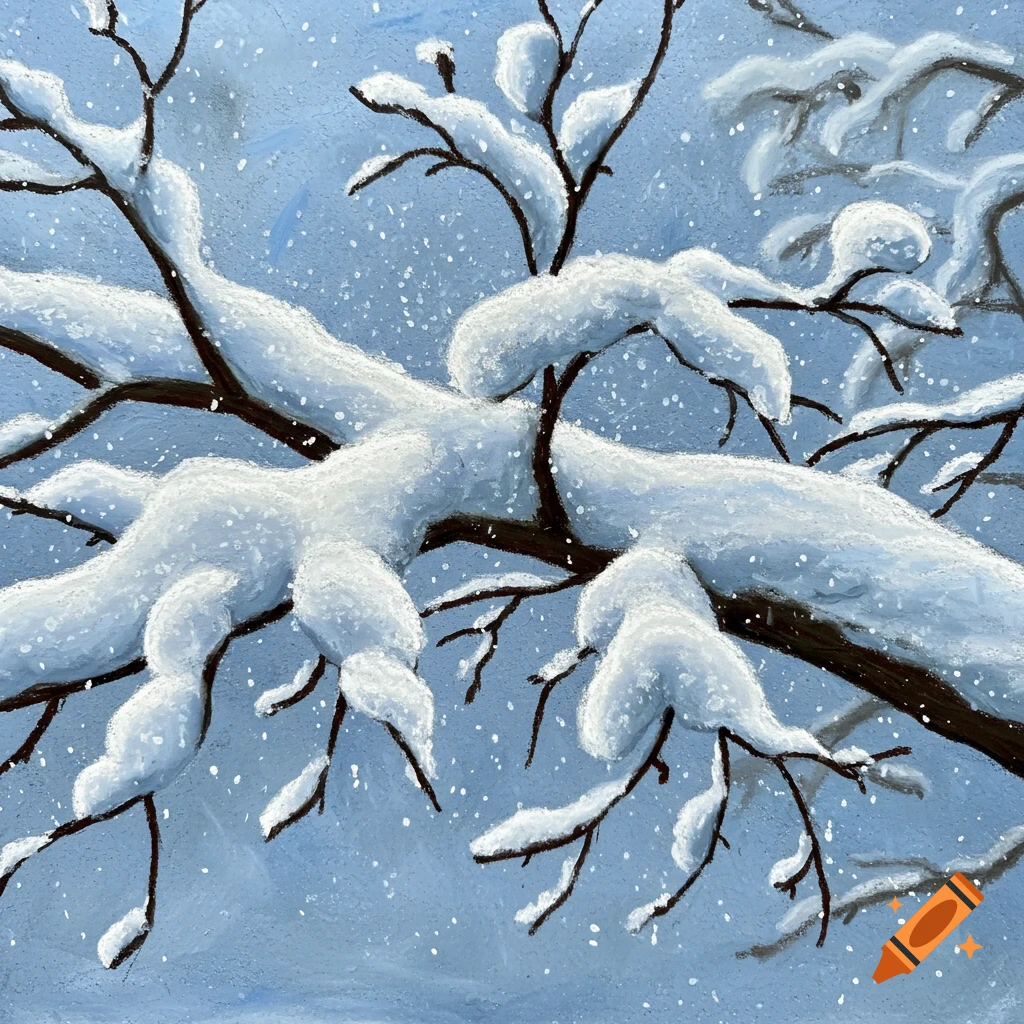 Oil pastel of a tree branch heavily covered in snow with snowflakes falling.