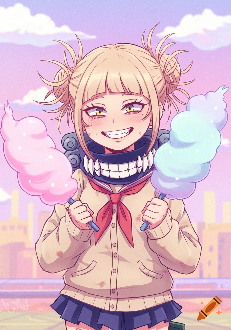 Anime character Toga Himiko holds pink and blue cotton candy.