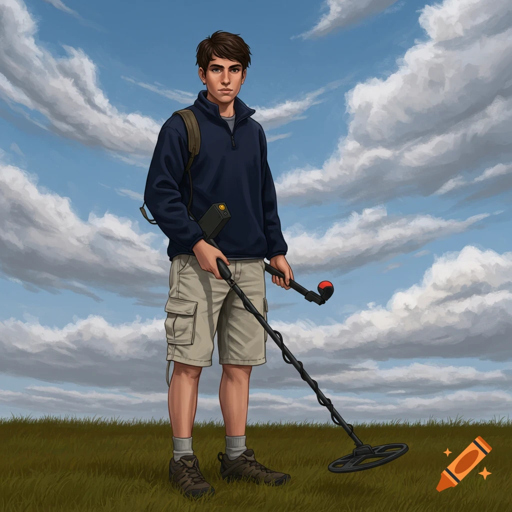 A brunette man stands in a grassy field, holding a metal detector.