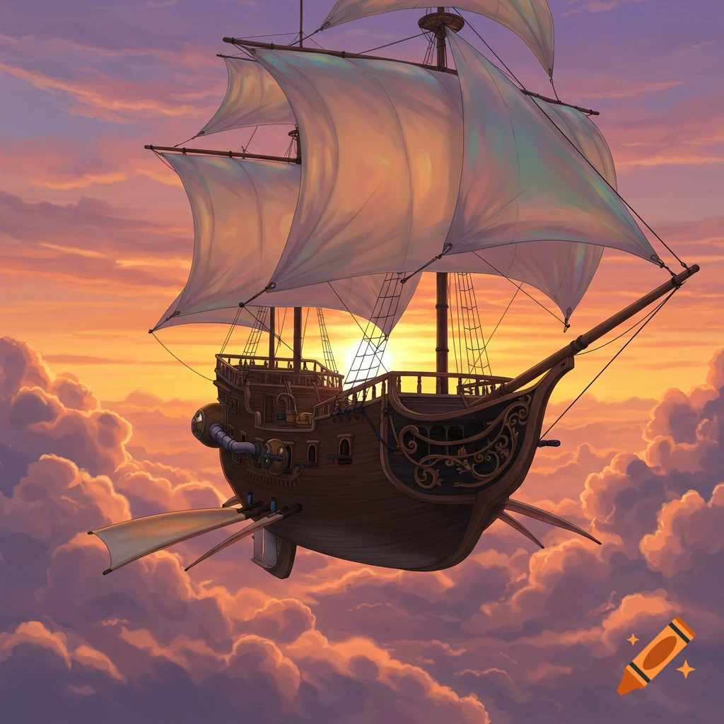 A steampunk flying ship sailing through clouds at sunset.