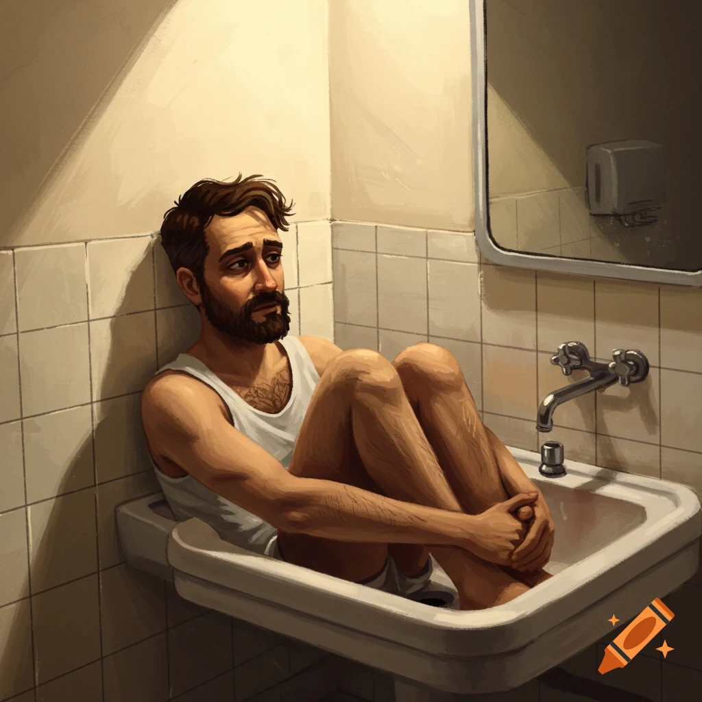A man sits in a bathroom sink, holding his legs.