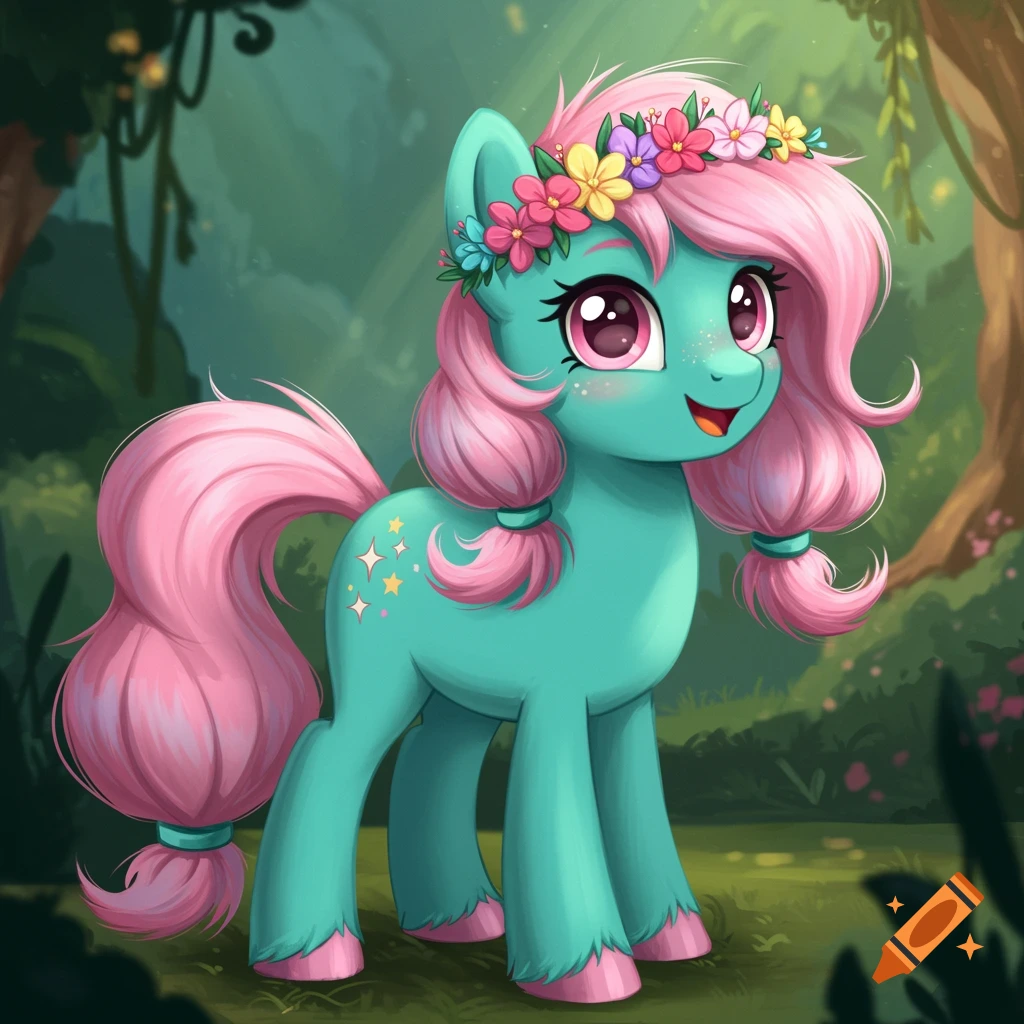 A teal pony with pink hair and flower crown is in an enchanted forest.