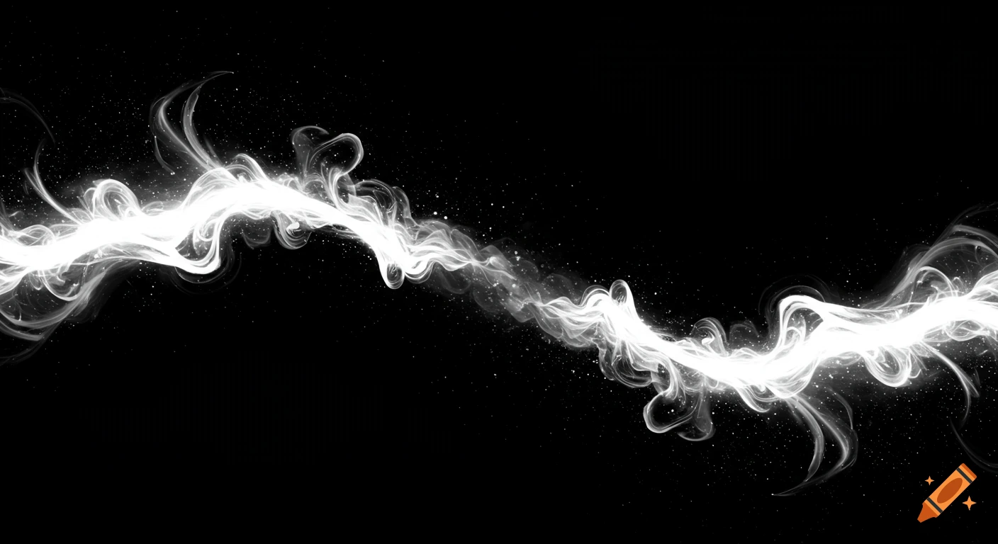 White wavy smoke or energy line against a black background with speckles, digital art.