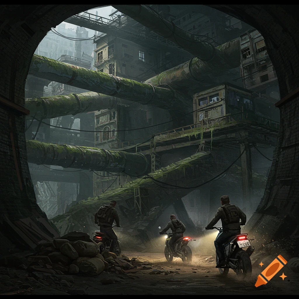 Three men on motorcycles exploring a dark, ruined underground city with large pipes and dilapidated buildings.