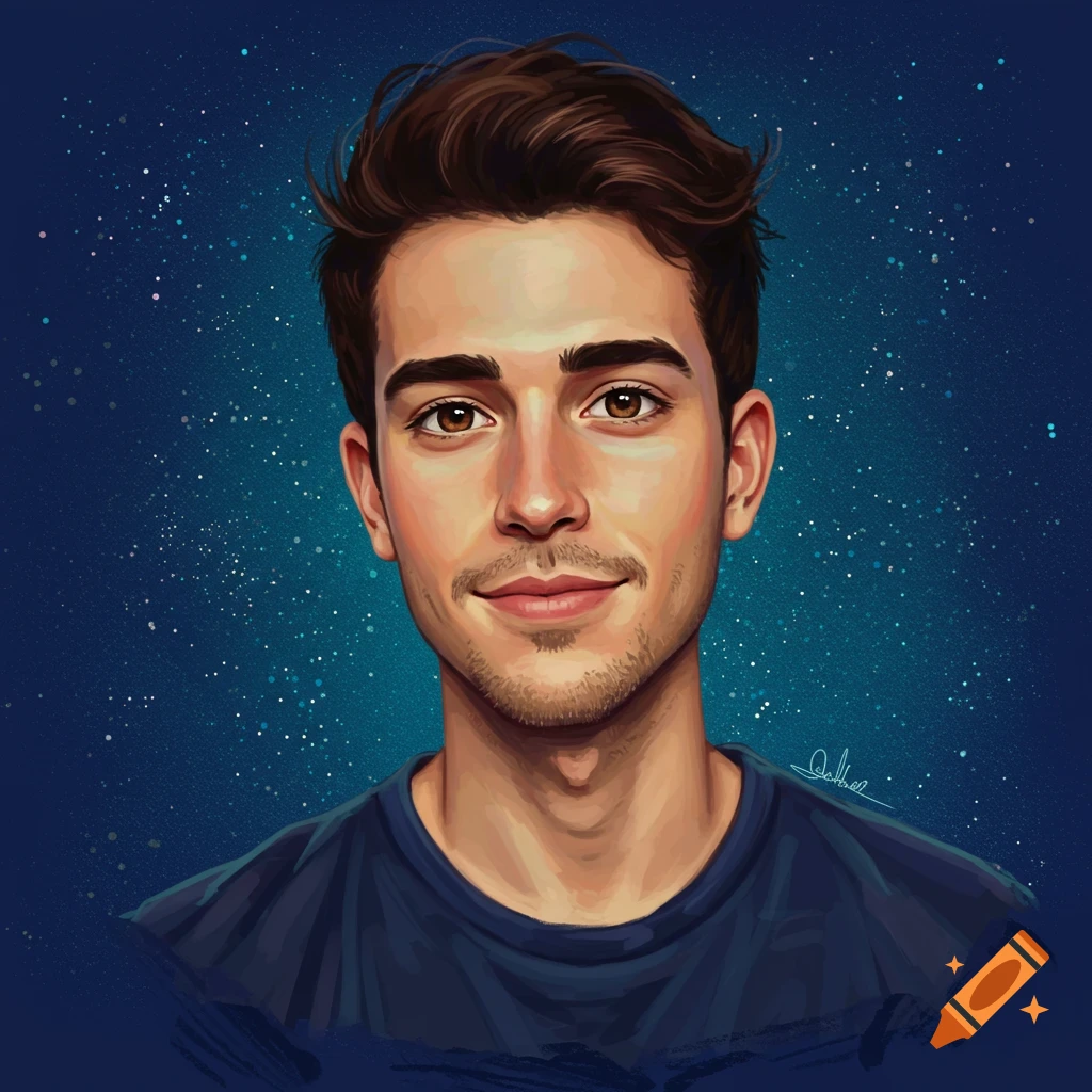 Portrait of a young man with brown hair and eyes, wearing a blue shirt, against a starry background.