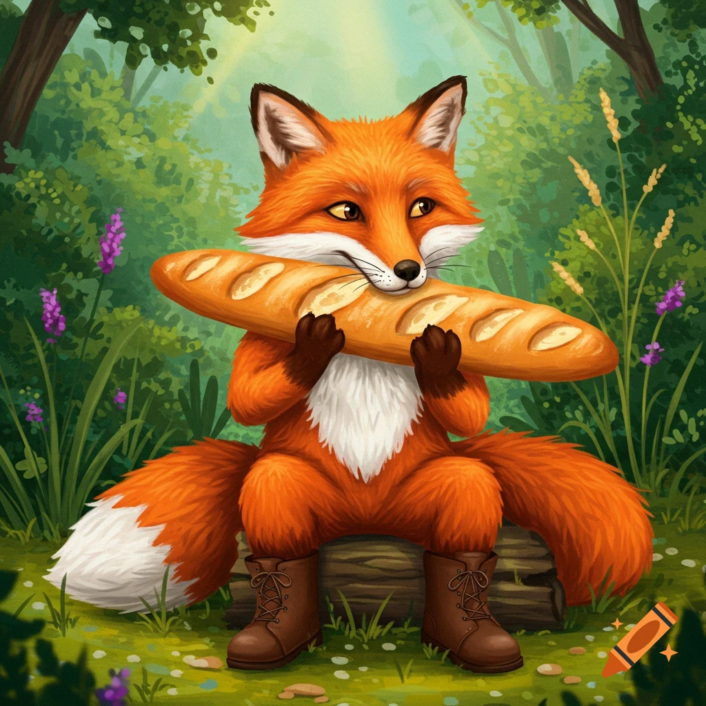 A fox in boots sits on a log in a forest, holding a baguette.