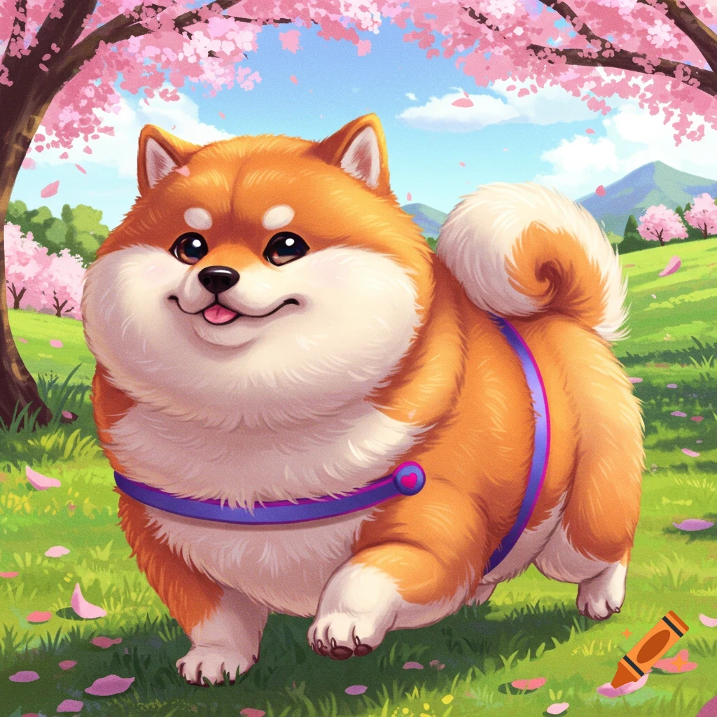 A cute Shiba Inu dog walking in a park with cherry blossoms.