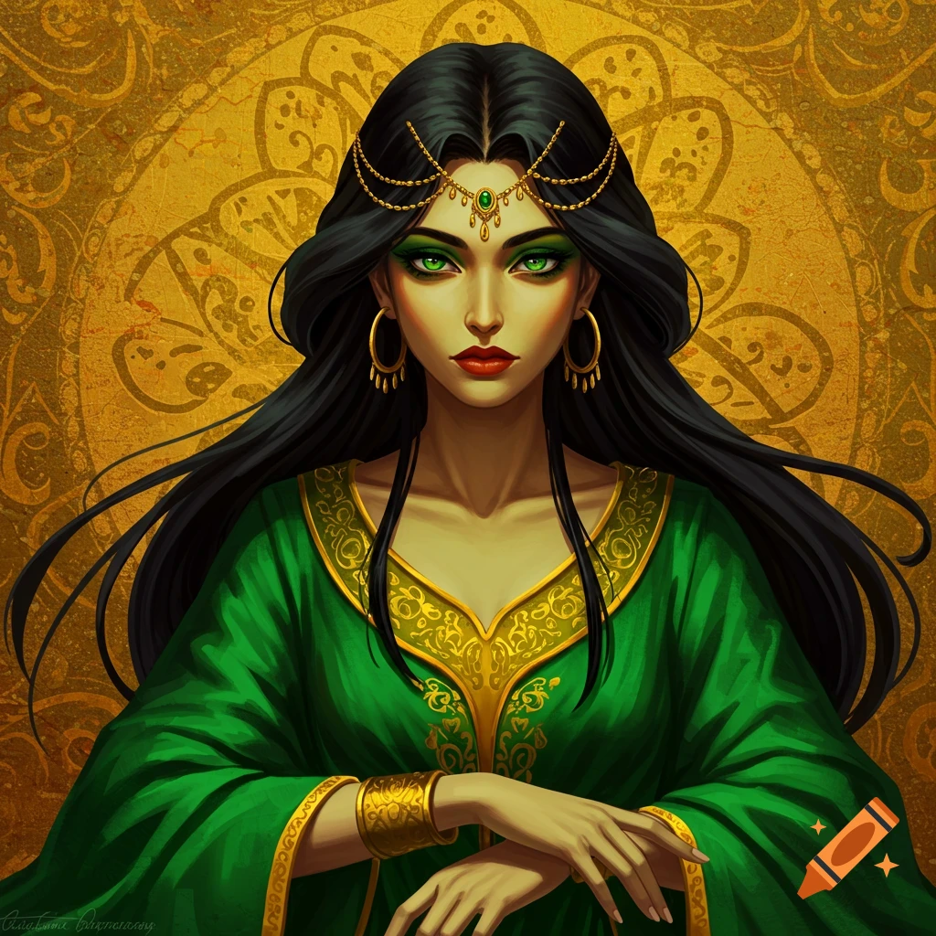 Image of an Arabian-style woman with green eyes, black hair, a green and gold dress, and a golden patterned background.