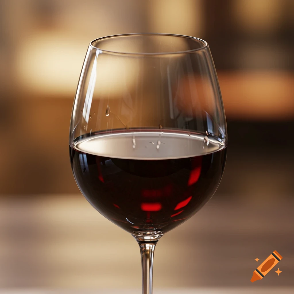 A close-up, photorealistic shot of a glass of red wine
