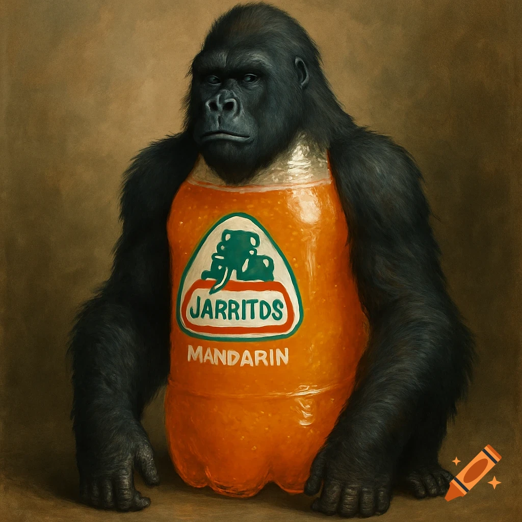 A gorilla with a Jarritos Mandarin soda bottle as its body.