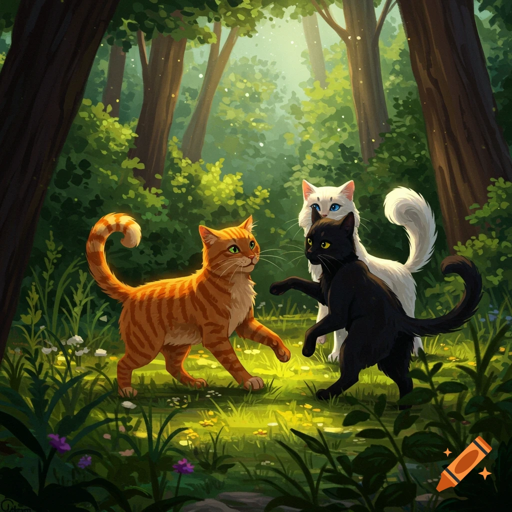 Three cats playing in a sun-dappled forest.