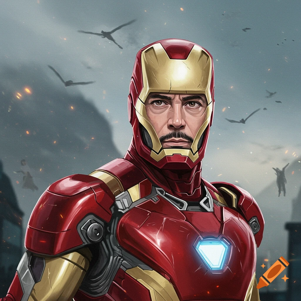 Iron Man in his suit against a cloudy background with flying figures.